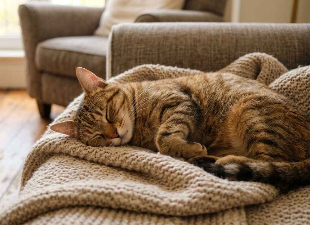 A fluffy cat peacefully sleeping on a cozy couch, with its paws tucked under its body.