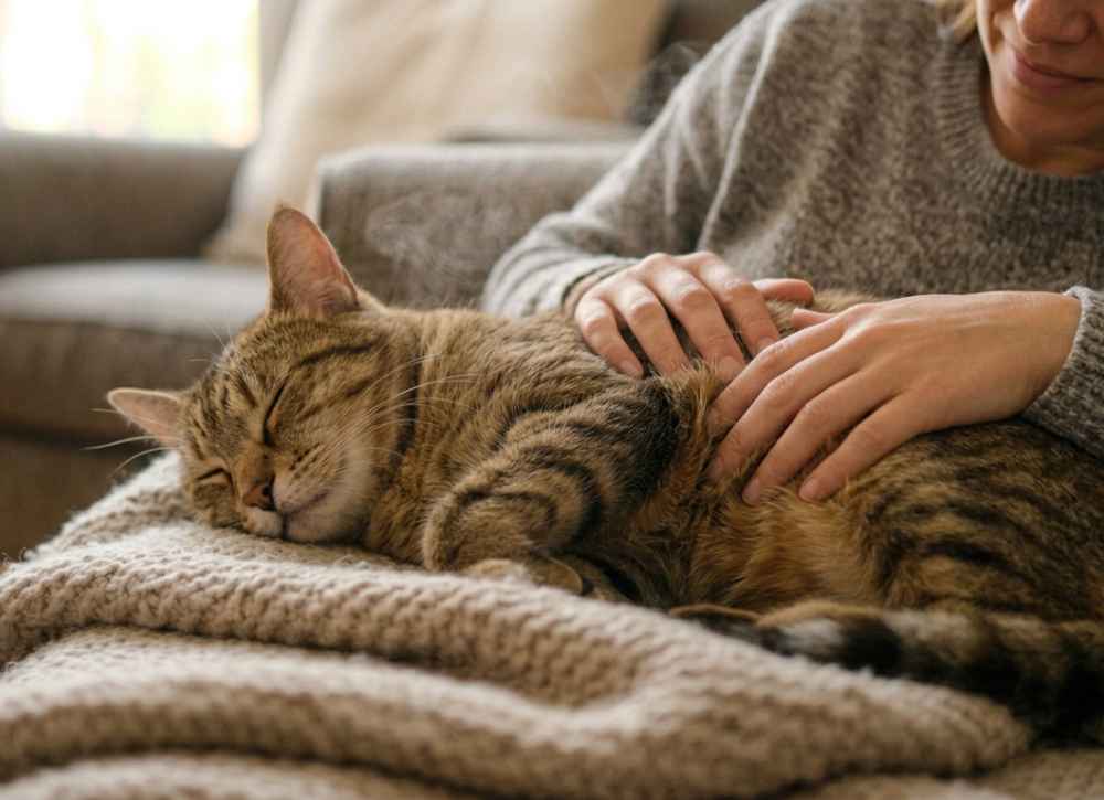  A woman gently pets a cat on a couch, highlighting the cat