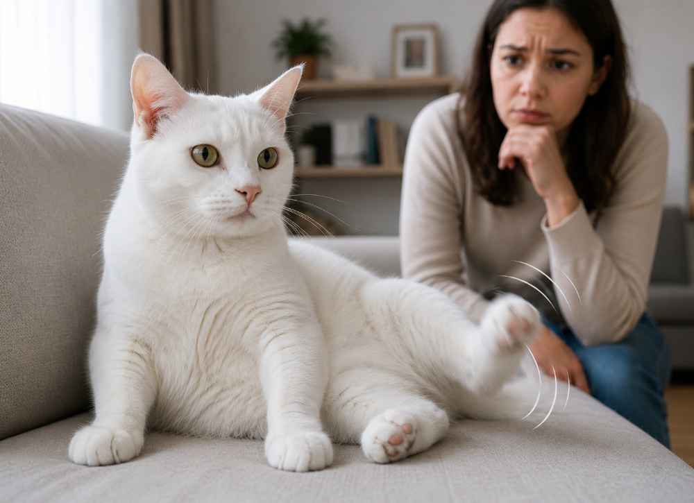 1. A woman sitting on a couch with a white cat that is twitching while awake.