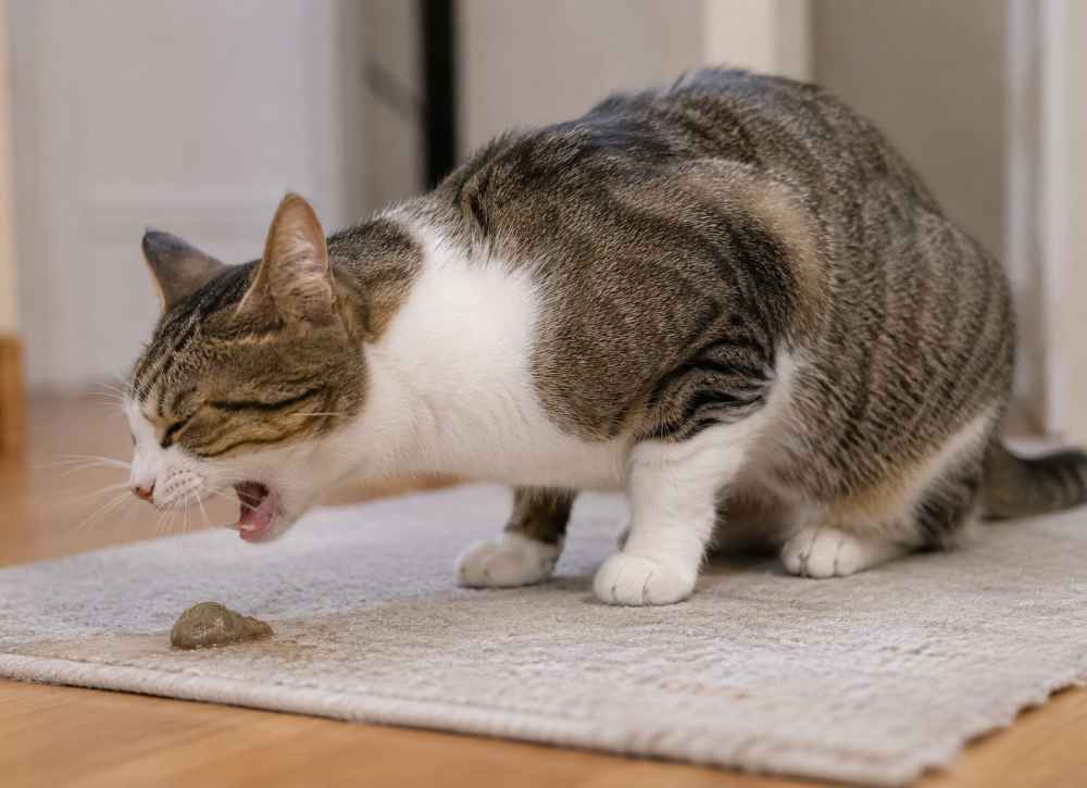 2. A cat on a rug is eating a mouse, visibly gagging as it attempts to swallow its prey.