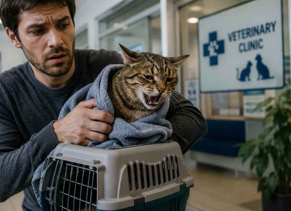  A man holds a cat carrier, with the cat inside appearing to gag, showing signs of distress.