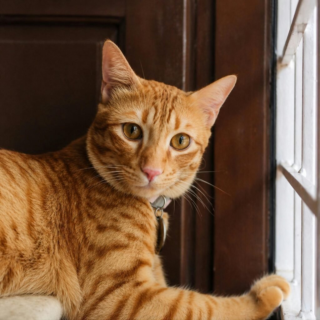 Close-up of a ginger tabby cat lounging indoors, gazing outside.