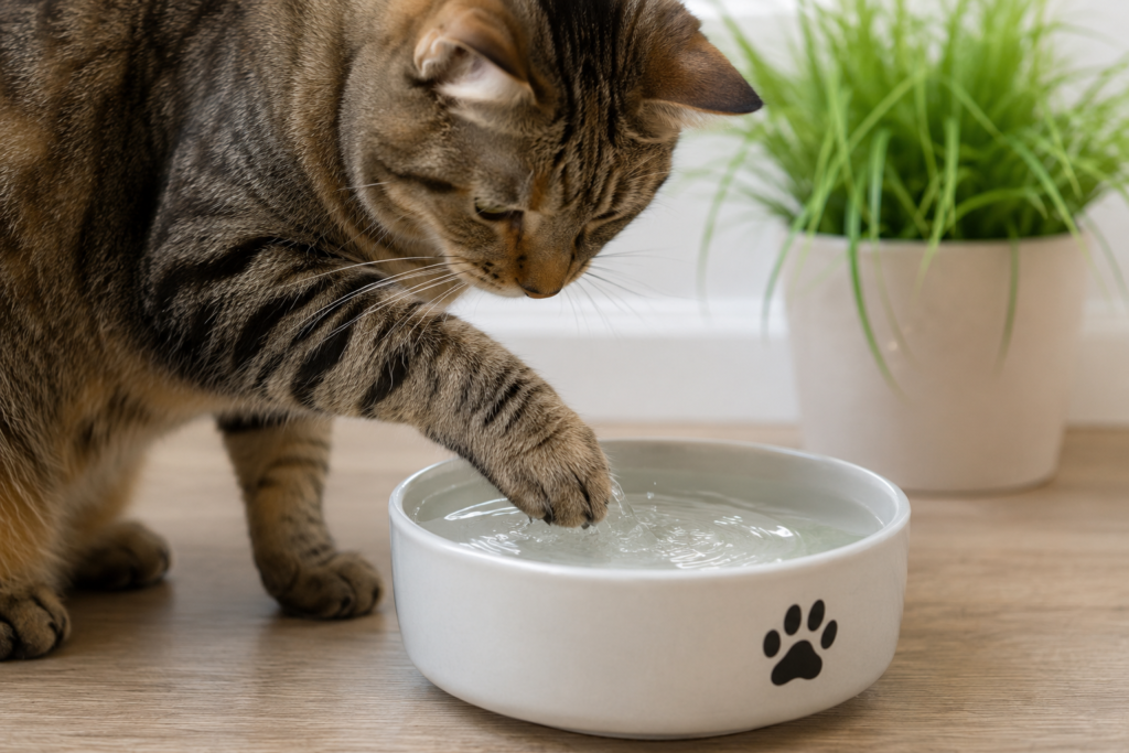 A tabby cat playfully dips its paw in a water bowl decorated with a paw print. Nearby, a potted plant adds a touch of greenery.